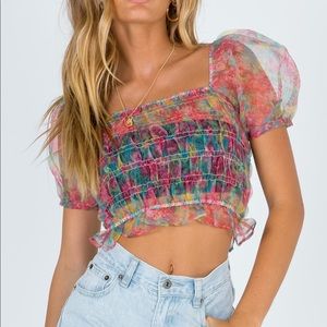Sheer floral puff sleeve crop top